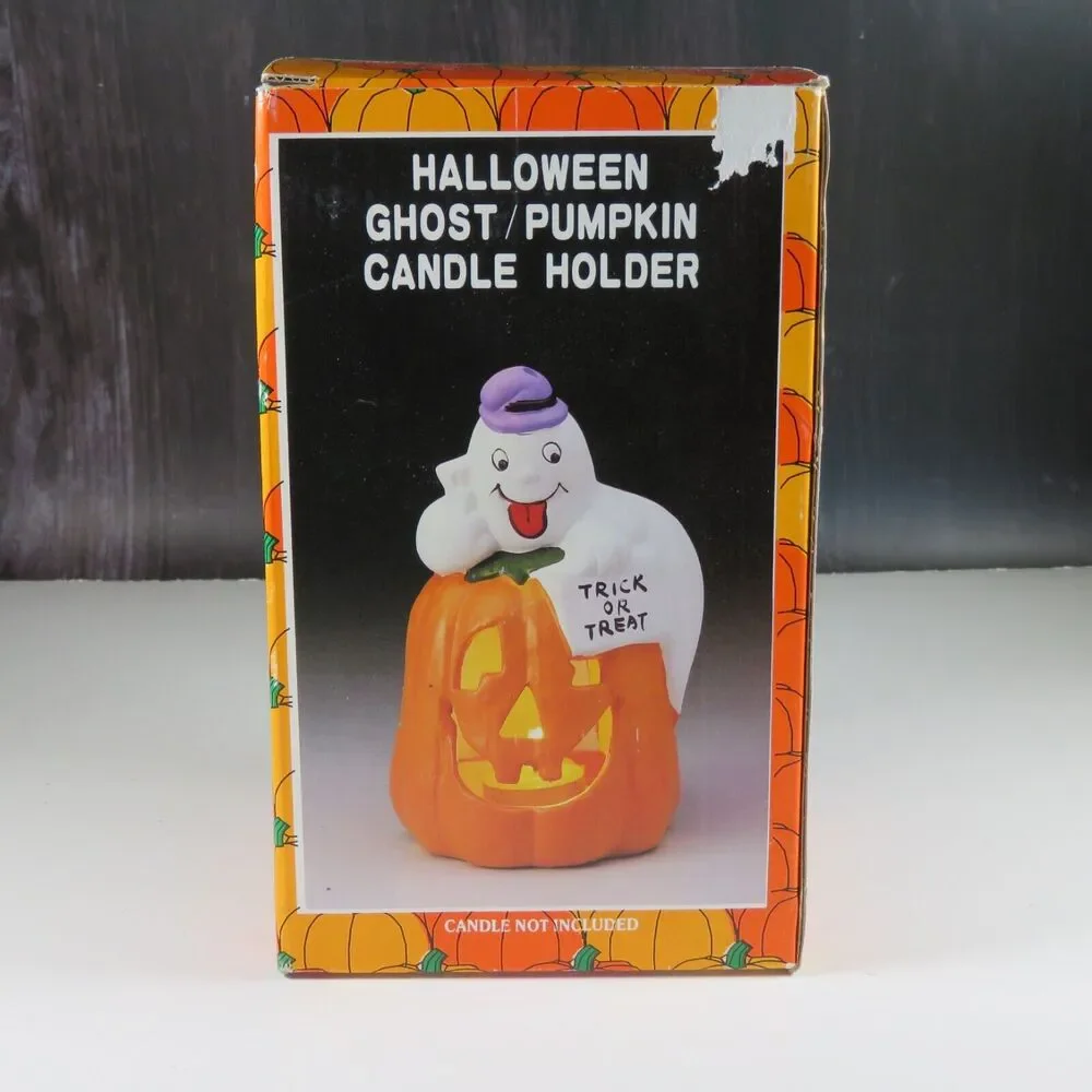 Ceramic Ghost Pumpkin Halloween Tea Light Candle Holder Statue 7” Kmart Vintage